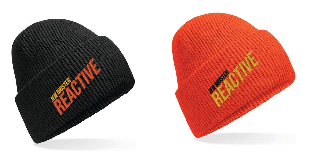 Black and orange beanie hats with 'REACTIVE' text