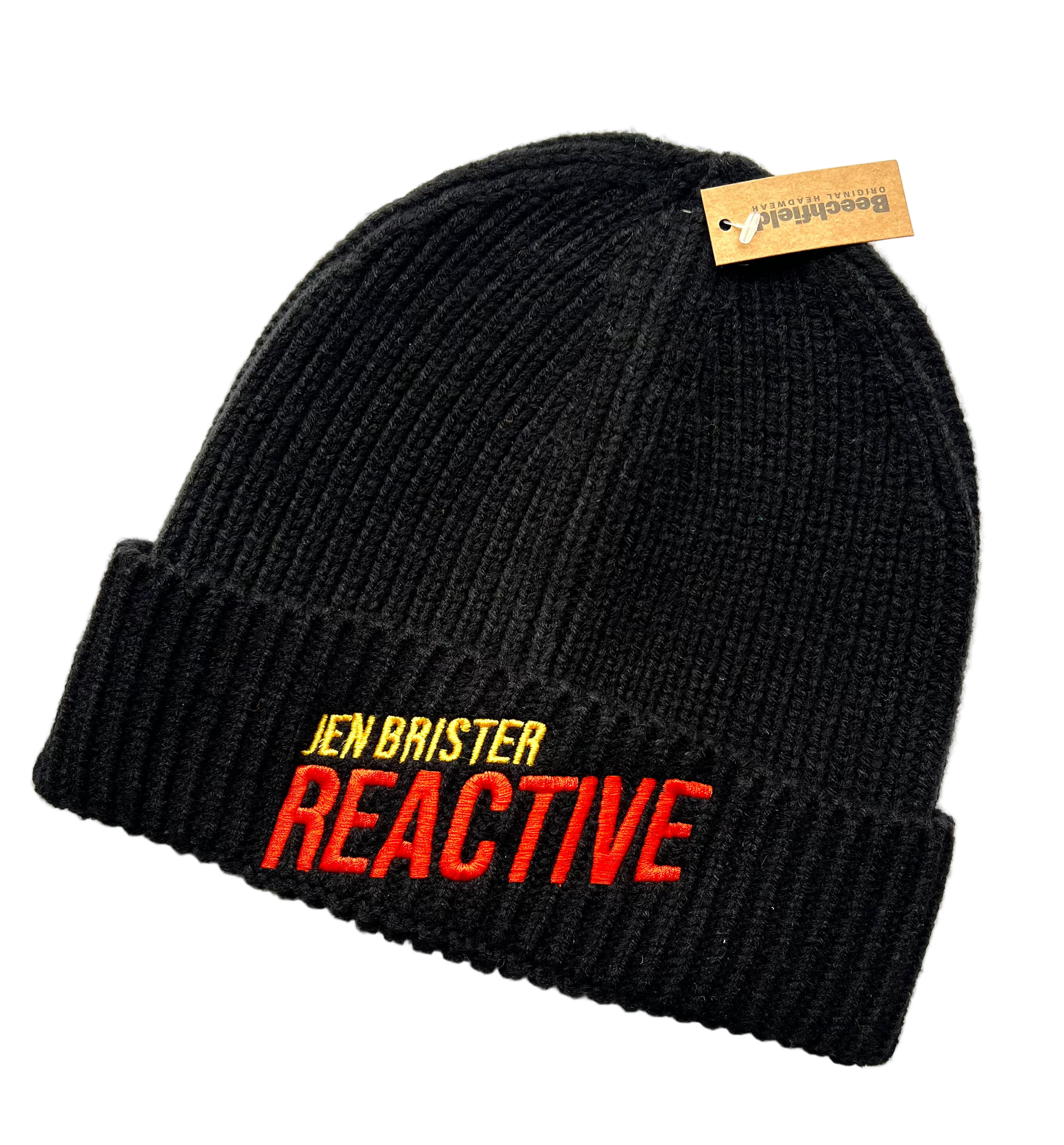 Black beanie with 'Jen Brister Reactive' text in orange and yellow