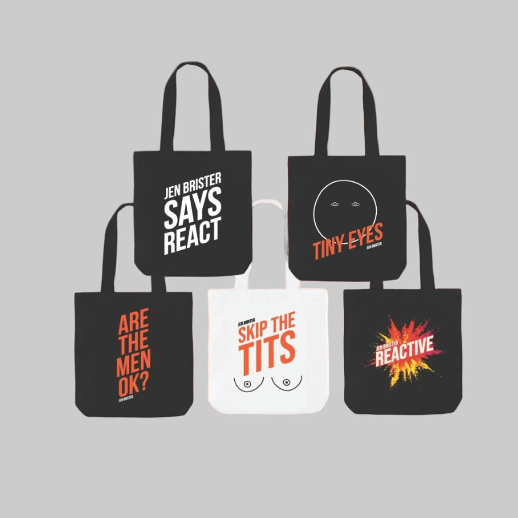 Set of six tote bags with various designs and text on.