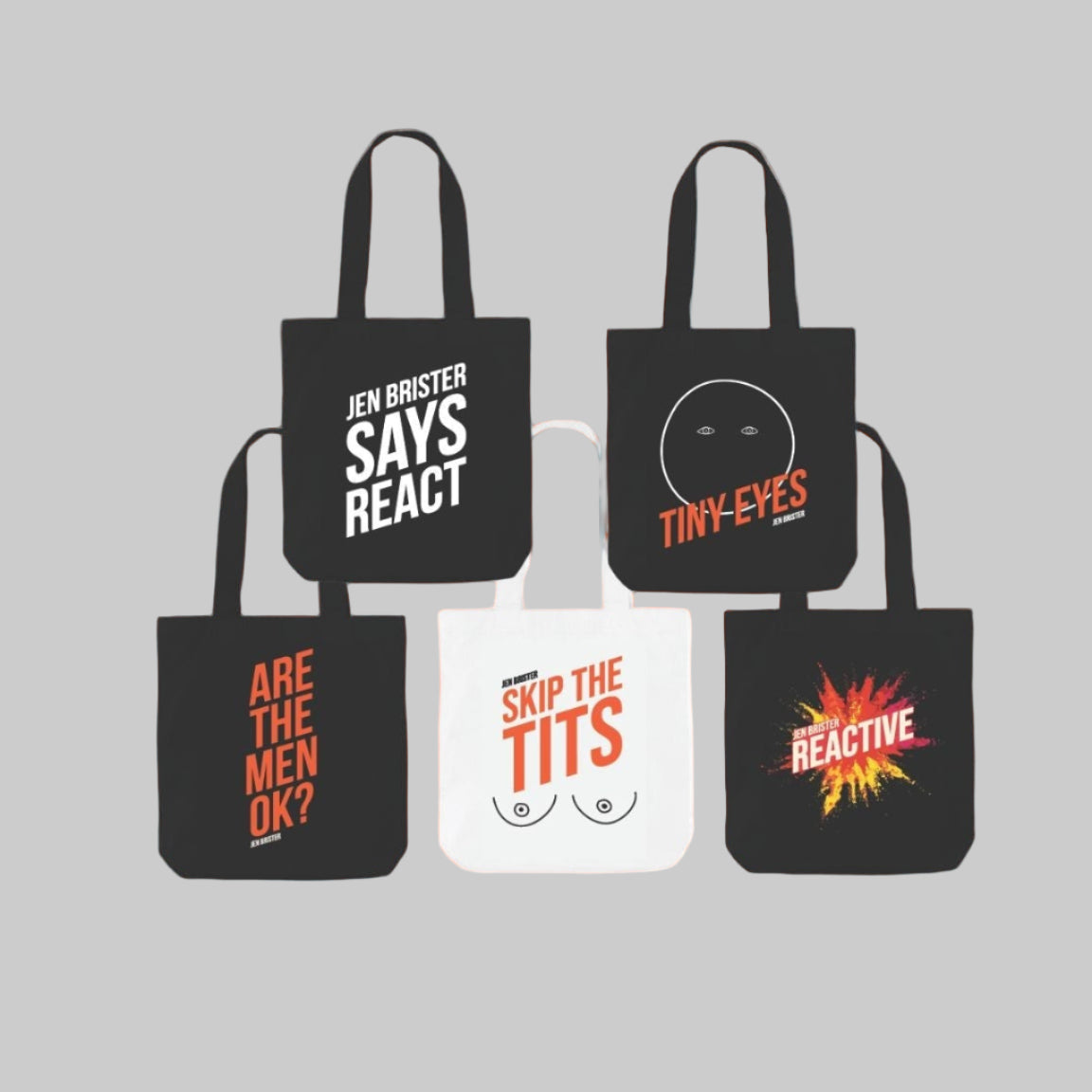 Set of six tote bags with various designs and text on.