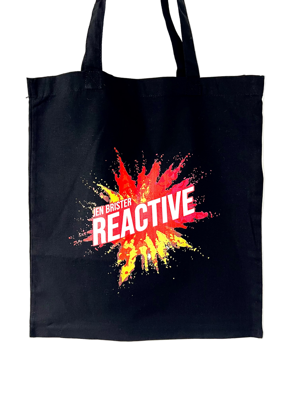 Black tote bag with red and yellow graphic and text in white.